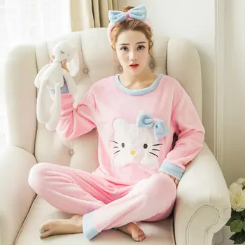 Rudens Ziemas Sieviešu Pidžamas Komplekti Silts Flaneļa garām Piedurknēm Pijama Dzīvnieku Print Homewear Bieza Sleepwear Plus Izmēri M-2XL Pyjama