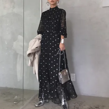 Rudenī korejiešu Stilā, Elegants Stand Apkakli Vintage Izplešanās Melnās Sievietes Midi Kleitas Augsta Vidukļa Pulovers Šiks Biroja dāma Kleitas