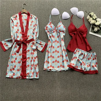Seksīgas Pidžamas Intīmas Apakšveļa Sleepwear Satīns Print 4GAB Miega Uzstādīt Sieviešu Peldmētelis Kimono Kleita Gadījuma Naktsveļu Pidžamas Uzvalks