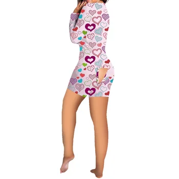 Seksīgs V veida Kakla Laupījums Onesies garām Piedurknēm Valentīna Pidžamas Sieviešu Atklātu Atpakaļ Īss Jumpsuit Pieaugušo Viens Gabals Boydcon Sleepwear