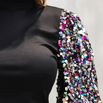 Sequin Raibs Laternu Piedurknēm Blūze Sievietēm Pusi Augsta Apkakle Sieviešu Apģērbi Topi Pavasara Rudens Gadījuma Streetwear Dāmas Blūzes