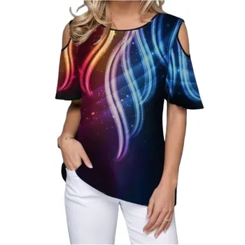 Sieviešu 2020. gada Vasarā Jaunu Brīvs T Krekls Gadījuma Īsām Piedurknēm Topi, t-veida, Sexy Pie Pleca Drukāt O Kakla Vintage T-Krekls Plus Izmērs S-5XL