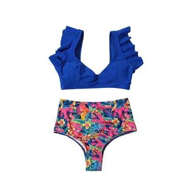 Sieviešu Bikini noteikts Augsts Viduklis Peldkostīmi Push up Polsterēta Ziedu Peldkostīmu Beachwear peldkostīms Divas Gabals Peldēšanas Tērpi Biquini