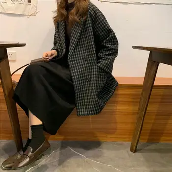 Sieviešu Maisījumus, Vilnas Pleds Ziemas Bieza Kokvilnas Vintage Harajuku korejiešu Stilā, Moderns Sieviešu Vilnas Kostīms-mētelis Streetwear Režģu Šiks