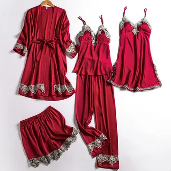 Sieviešu Peldmētelis Kimono Kleita 5GAB Sleepwear Satīna Pidžamas Uzvalks Naktsveļu Gadījuma Sexy Mežģīņu Nighty&Drēbes, Uzstādīt Naktskrekls Mājas Drēbes