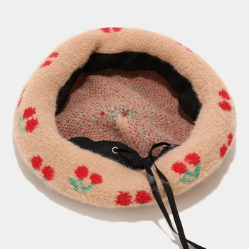 Sieviešu Rudens Gudrs Ķiršu Augļu Drukāt Mākslīgās Vilnas Berete Klp Vintage Britu Stila Ziemas Newsboy Gleznotājs Beanies Cepure