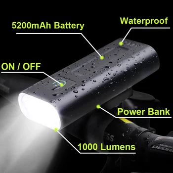 Spēcīgs 5200mAh Velosipēdu Lukturu 1000 Gaismas LED Priekšā Velosipēds Gaismas USB Lādējamu Ūdensizturīgs MTB Velosipēds Lampas Velo Lukturīti