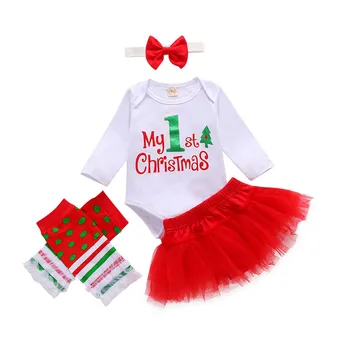 Toddler Baby Girl Ziemassvētku Apģērbu Komplekti Vēstuli Izdrukāt Ziemassvētki Garām Piedurknēm Kombinezonus+Sarkano Acu Tutu Šorti Svārki+Galvas+Kāju Sildītāji