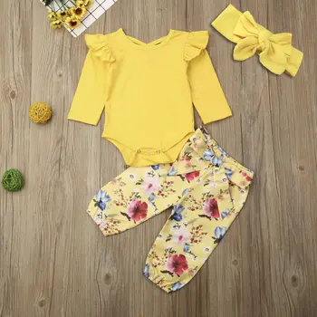 Toddler Meitene Drēbes 3PCS Nweborn Bērniem, Baby Girl Apģērbu Ruffles Topi Bodysuit+ Ziedu Bikses 3pcs Rudens Tērpiem