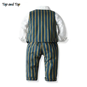 Top un Top Modes Bērni Zēniem Ikdienas Drēbes ar garām Piedurknēm Bowtie Balts Krekls+Veste+Bikses 3Pcs/komplekts Bērniem Svītrainām Džentlmenis, Uzvalki