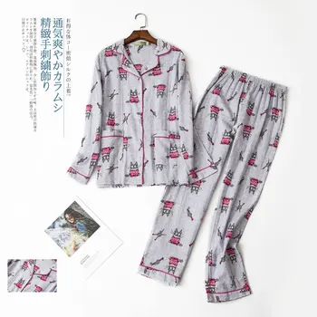 Tīras kokvilnas pidžamas komplekti sieviešu Pavasara rudens Japāņu gadījuma pleds tīras kokvilnas plus lieluma pidžamas sieviešu sleepwear