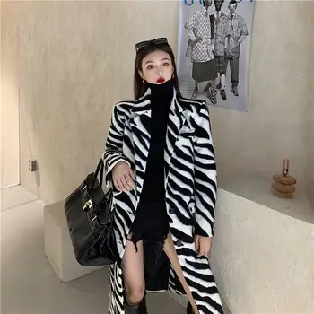 VOOCIEC Silts Ziemas Sieviešu Vilnas Mētelis korejiešu Stilā, Modes Dieviete Slim Plus Garš, Vilnas Mētelis Zebra Drukāt Vilnas Mētelis