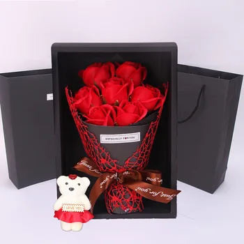 Valentīna diena Kāzu dāvanu rožu ziedu, dāvanu kastē pušķis lācis plīša lelle Valentīna diena dāvanu, roze, lācis rožu apdare