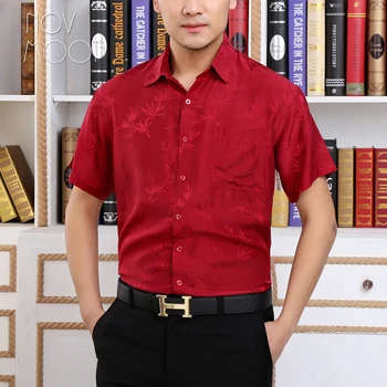 Vasaras vīrieši sarkanā dabīgā zīda biznesa krekli ar īsām piedurknēm lapas žakarda krekls chemise homm camiseta masculina LT2250 BEZMAKSAS KUĢIS