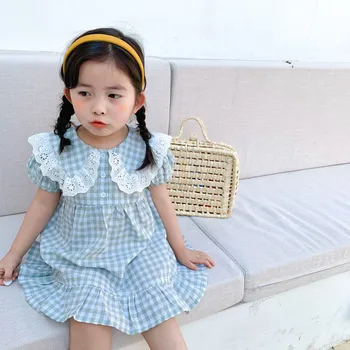 Vasarā Jaunu korejiešu Kokvilnas Puff piedurknēm Pleds Meitenes Princese Kleita Mežģīņu malām Jūrnieks Apkakles Bērniem, Baby meitenes Kleita Bērnu Apģērbs