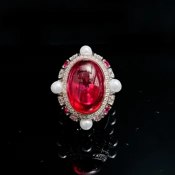 Vintage Olu 15ct Ruby Pearl, Diamond Ring Oriģināls 925 sterling sudraba Saderināšanās Kāzu joslā Gredzeni Sievietēm Smalkas Rotaslietas