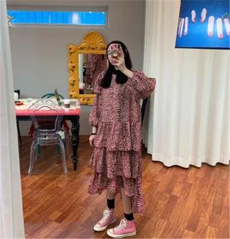Vintage Sievietes Kleitu korejas Gadījuma Hit Krāsu Rozā Leopard garām Piedurknēm ar Mežģīņu Kūka Vestidos Sieviešu Modes Jūra Ir 2021. Pavasarī