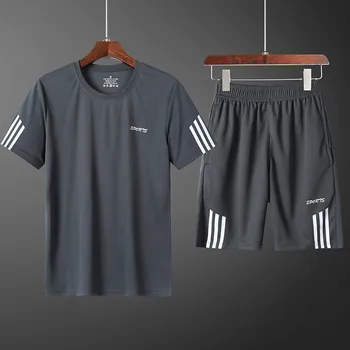 Vīriešiem Gadījuma Komplekti Modes 2 GAB Sviedri Svītrainu Uzvalku ar Īsām Piedurknēm T-krekls, Šorti Komplekti Vīriešu Sporta Tracksuit Vasaras Sportsuits