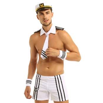 Vīriešiem Vīriešu Flotes Jūrnieks Fancy Dress Up Bikses ar Vāciņu Apkakli, Kaklasaiti, Aproces Cosplay Puses Eksotisko Sexy Kostīmi Clubwear