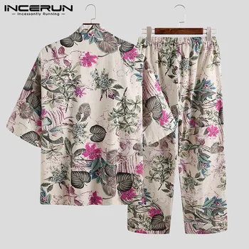 Vīriešu Komplekti Izdrukāt Kimono Ir 2021. Streetwear Gadījuma Pusi Piedurknēm, V veida Kakla Krekls, Garās Bikses Harajuku Vintage Vīriešu Uzvalki, 2 Gabali INCERUN