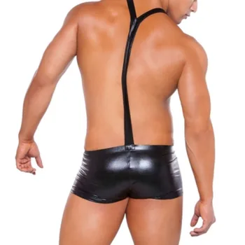 Vīriešu Wetlook Apakšveļa Apakšveļa Plus Lieluma Vīriešiem, M-XXL PVC Sexy Bikšturi Erotisko Skatuves Tērpu Melna Mākslīgās Ādas Romper Ar Siksnām