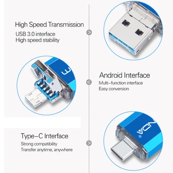 WANSENDA USB Flash Drive 3 in 1 USB 3.0 & Type-C Micro USB Pen Drive 512 GB un 256 gb 128GB 64GB, 32GB USB Stick OTG Pendrive