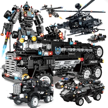 WOMA SWAT pilsētas policijas kravas auto helikopteru laivu, motociklu cop modelis militārā bruņu transportlīdzeklis, celtniecības bloki, celtniecības rotaļlietas