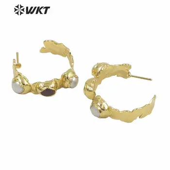 WT-MPE050 Vairumtirdzniecības jaunā dizaina C forma sievietēm auskariem modes zelta electroplated triple akmens puse round pērļu auskari