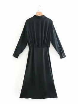 ZA 2020. gadam, Modes Zīda, satīna tekstūru Krekls stila kleita ar garām piedurknēm Dāmas Kleitu Elegants retro Vestidos Pavasara Kleita