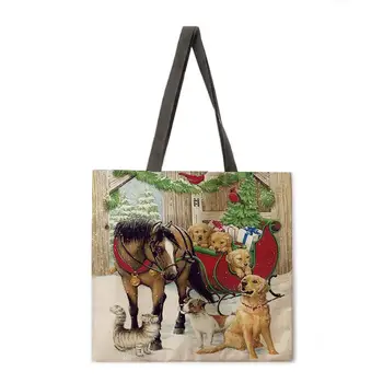 Ziemassvētku kaķu un suņu drukāt tote soma atkārtoti pludmales soma veļa gadījuma sieviešu pleca soma, salokāma iepirkumu soma