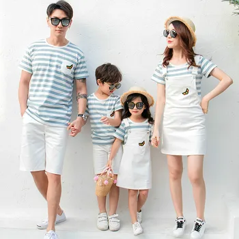 Ģimenes Apģērbu Vasarā Pāris Drēbes, Mamma, Meita, Kleita Ģimenes Saskaņojot Tērpiem Tēva Dēls Svītru T-krekls +bikses ģimenes komplekts