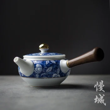Ķīna Jingdezhen melnkoks koka rokturi Kung Fu tējas katlā, zilā un baltā porcelāna tējkanna antīko keramikas roku darbs teaware tējkanna dāvanu