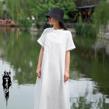 Ķīnas Modes Cheongsams Sieviešu Vintage Qipao Ilgi Puse Kāzu Kleita Kokvilnas Veļa Hanfu Tradicionālās Ķīnas Stila Apģērbu