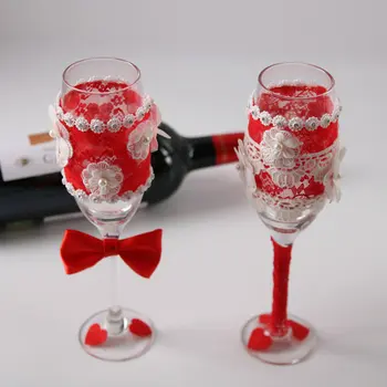1 pāris/daudz sarkanu mežģīņu kristāla Kāzu Līgavas Dušas Dāvanu kāzu Šampanieša Toasting Brilles Komplekts Bowknot kāzu vīna kauss