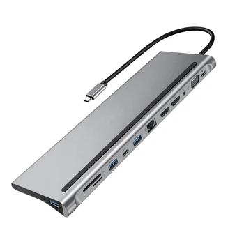 12 1 C Tipa Centrmezgls ar USB 3.0 Karšu Lasītājs Dual 4K RJ45 VGA USB CENTRMEZGLU, multifunkcionālais Adapteris USB-C dokstacija Par MacBook Pro