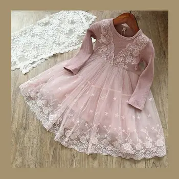 2019 jaunu kleitu sweet Baby Meitenes Toddler Bērniem Ziedu Mežģīņu Tamborēšanas kleita ar garām piedurknēm Princess Puse rozā Tilla Tutu Kleita