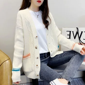2020. gada Rudenī Jaunu Jaku Jaka Sieviešu Vienu pogu Džemperis Visu maču Kabatas ar garām Piedurknēm Džemperis