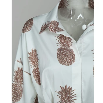 2020. gada Vasaras Rudens Modes Sievietes ar garām Piedurknēm Blūzes Pogu, V Kakla Vēstules ananāsu drukāt Augstā Vidukļa Kolekcija Blūzes Augšu