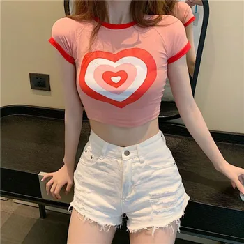 2020. gada Vasaras t krekls sieviešu Top Thin Red Bija Plānas Universāls Mīlestība Īss Top Sexy Saspringts T-krekls Sievietēm ar Īsām Piedurknēm T-krekls