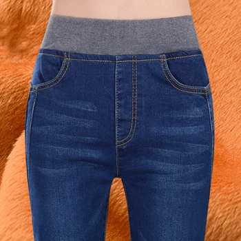 Augsta vidukļa džinsus sieviešu plus kašmira silts sabiezējums elastīgs viduklis stiept Slim liela izmēra zīmuli bikses