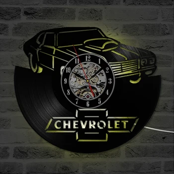 Auto Chevrolet Logo Vinila Ieraksts Pulkstenis Radošo Sienas Mākslas Karājas Pulkstenis Retro Mājas Dekoru Mūsdienu Dizaina LED Sienas Pulkstenis