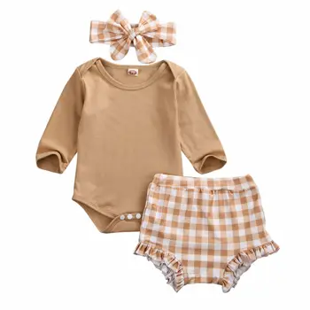 Baby Girl Apģērbu Komplekts Toddler Jaundzimušo Rudenī garām Piedurknēm Bodysuit Topi Pleds Šorti Galvu Apģērbs, Apģērbs no 0-24M 3PCS