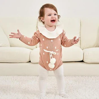 Baby Ķermeņa Tērpi 2019 Rudens Ziemas Bērnu Adīt Romper Trīsstūris Kāpšanas Punkti Sabiezējums Lotus Savirmot Apkakli, Trikotāžas-Adītas Bērnu Romper