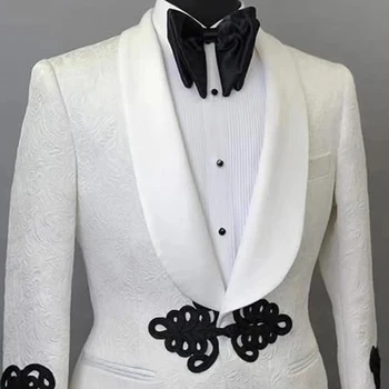 Balts Vīriešu Uzvalks Jaka, Šalle Atloks Pasūtījuma Izgatavotas no Viena Gabala Cilvēks Žakete Slim fit Kāzu Mētelis 