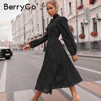 BerryGo Polka dot melna eleganta kleita sievietēm Laternu piedurknēm sasiet kakla garās kleitas pavasara-line biroja dāmas puse kleita vestido