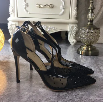Bezmaksas piegāde modes Sūkņi dāma Dizaineru Zīmolu Jaunu Pliks melnā acs kristāla Criss Cross punktu toe kurpes 10cm kāzu kurpes