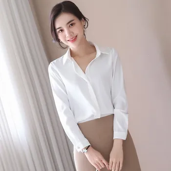 Biroja Nodilumu, Eleganta Baltā Blūze Sieviešu Apģērbu Pavasara Korejas Modes Savukārt Apkakle Ar Garām Piedurknēm Dāmu Topi, Krekli Plus Lieluma