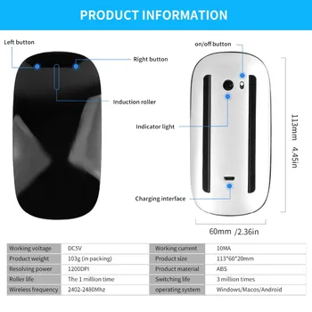 Bluetooth Bezvadu Arc Touch Magic Mouse Ergonomisks Ultra Plānas Uzlādējamā Pele Optiskā 1600 DPI Mause Apple Macbook Pelēm