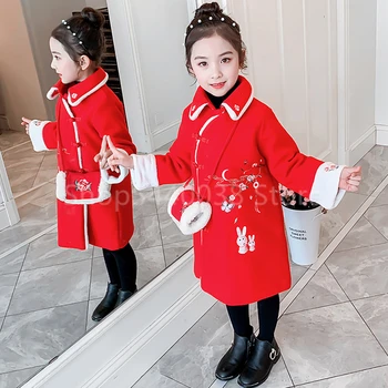 Bērni Jaunā Gada Svinības Cheongsam, lai Meitene Ķīniešu Stils Tang Uzvalks Qipao Kleita Izšuvumi Puse Jaka Etniskā Vintage Tērpi
