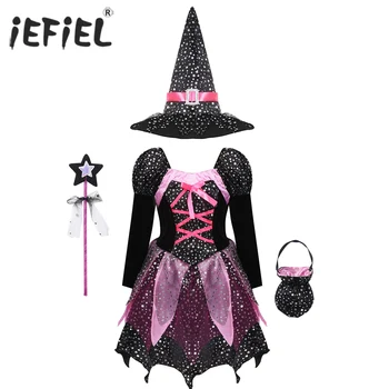 Bērni, Meitenes Halloween Raganu Biedējošu Kostīmu Apģērbs Kopa ar garām Piedurknēm Mirdzoša Zvaigznes Printed Kleita ar Smailu Cepuri Zizli Konfektes Soma
